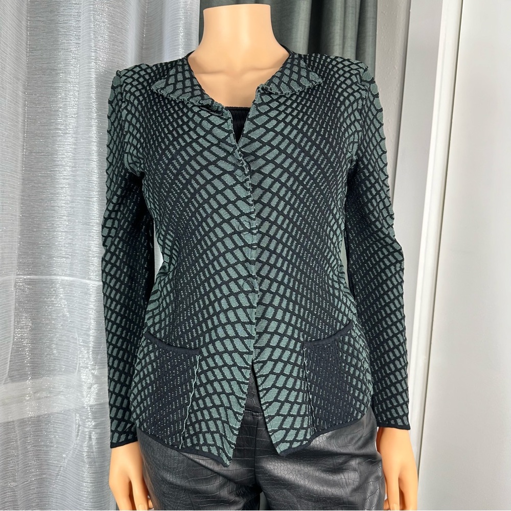 Armani Collezioni Black and Teal Patterned Knit Cardigan